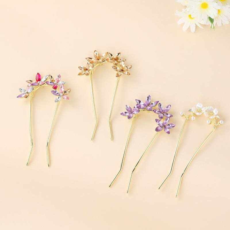 ヘアアクセサリー レディース U型かんざし お団子ヘア ヘアクリップ ラインストーン 花柄 ヘアピン ま..