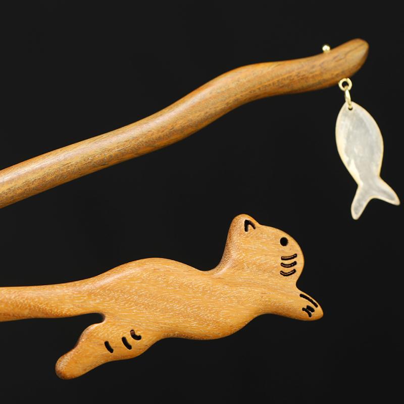 ヘアアクセサリー レディース 古風 簪 かんざし 緑檀木 猫 釣り 和装 髪飾り 髪留め まとめ髪 ヘアアレ..