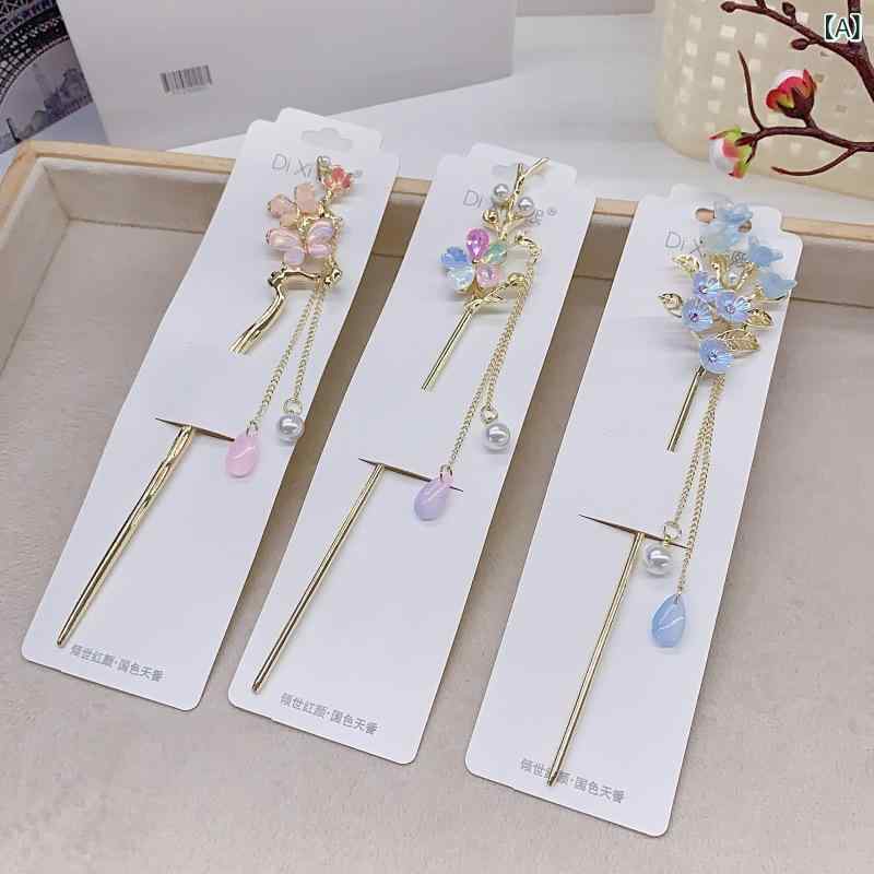 ヘアアクセサリー レディース かんざし 新中式 簪 髪飾り タッセル 花 流蘇 花柄 和風 ヘアピン ヘアスティック かわいい 上品 エレガント(x3)