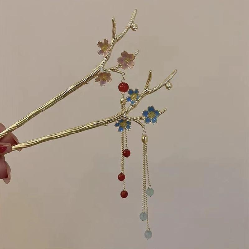 ヘアアクセサリー レディース かんざし 金属 梅の花 枝 豪華感 古風 花 ドロップオイル 簪 シンプル モ..