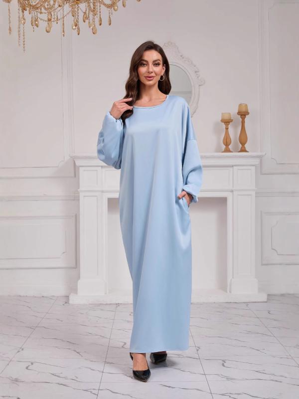 ワンピース レディース 中東風 快適 普段使い 長袖 膝丈 ポリエステル 快適 伸縮性 無地 シンプル エレガント ライトブルー S M L XL XXL