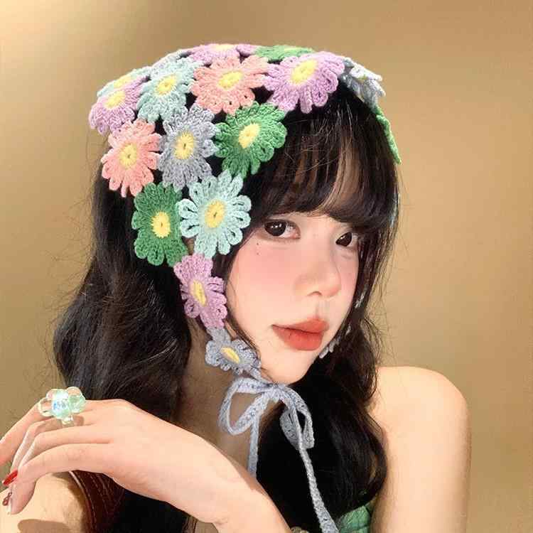 バンダナ レディース ヘアバンド ニット 春夏 秋 手編み ドゥーパミンカラー 花柄 かわいい 三角巾 スカーフ 旅行 リゾート