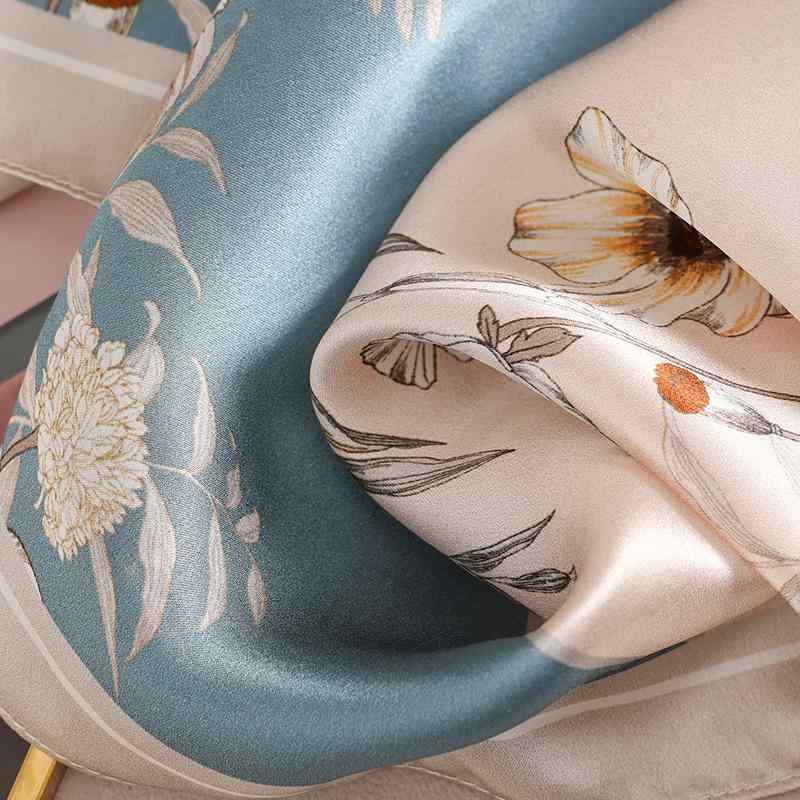 スカーフ レディース 春物 正方形 絹 花柄 ハンカチ スカーフ 53cm ブルー系 グリーン系(x5)