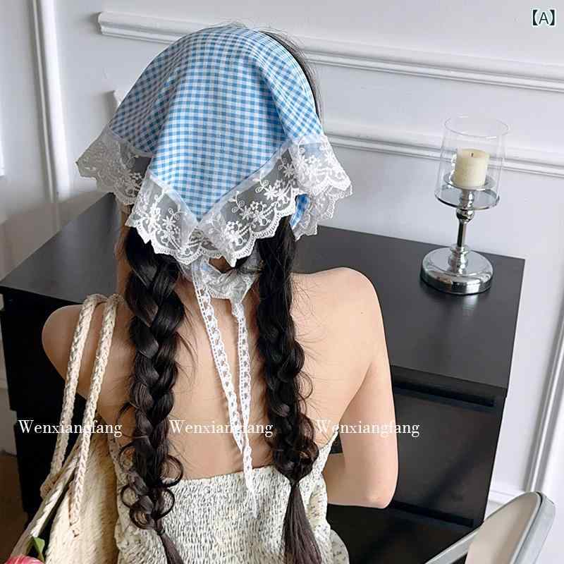 スカーフ バンダナ レディース 春夏 ブルー系 格子柄 レース 花柄 コットン UVカット 日焼け対策 海 リゾート(x2)