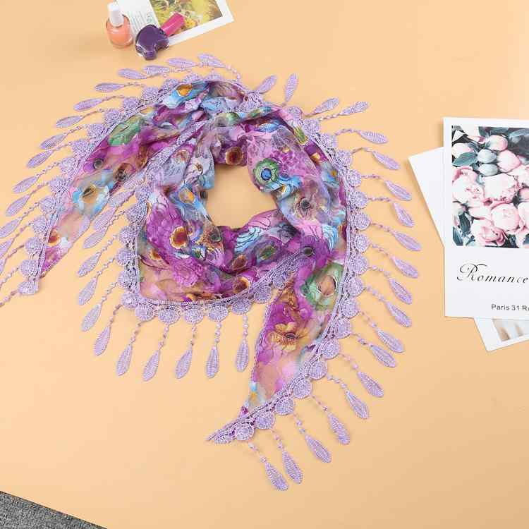 楽天リモコンタウンエコ 楽天市場店ストール レディース プリント柄 フリンジ付き 三角スカーフ 秋冬 ショール 紫外線対策 日焼け対策 防寒 花柄 紫色 卡其色 ブラック（x3）