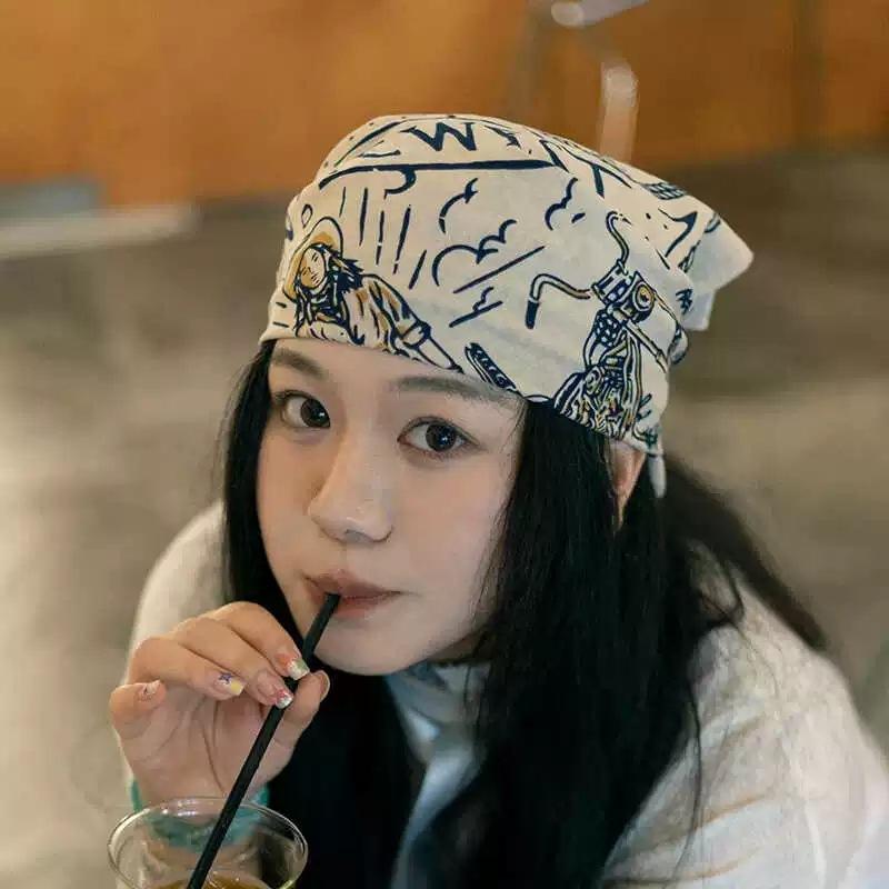 スカーフ バンダナ レディース 春物 コットン 小判 ハンカチ 薄手 文芸 レトロ ストリート ダンス ベージュ カーキグリーン(x3)