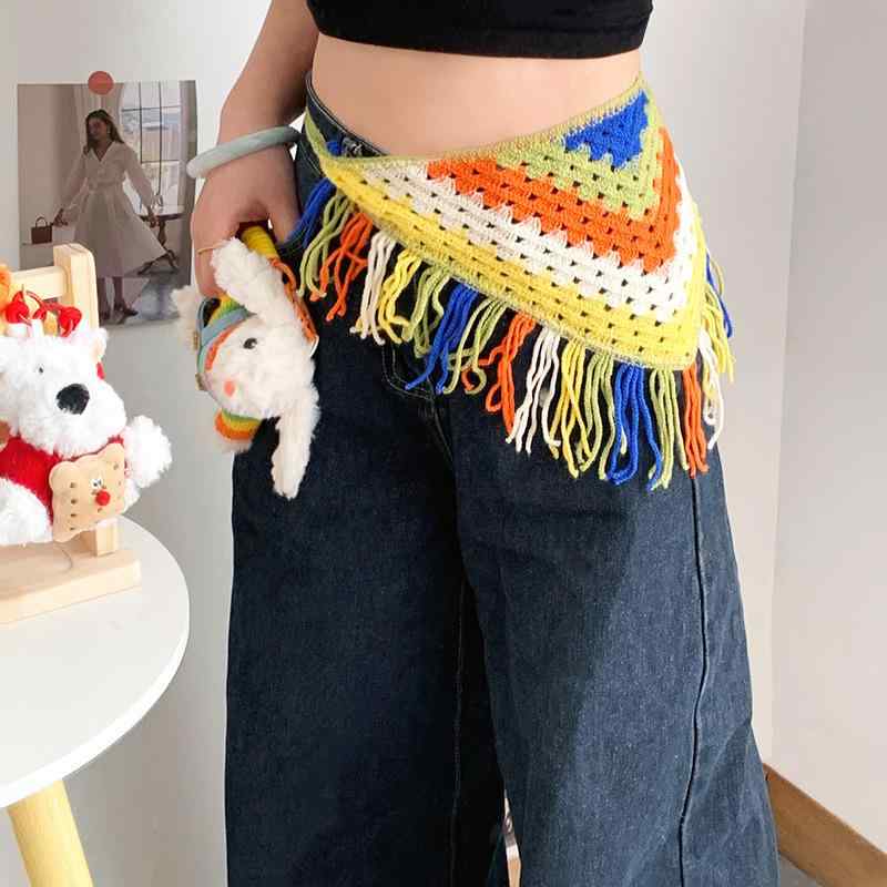 腰ベルト レディース 三角巾 ヘアバンド 2025 春夏 豪華感 おしゃれ 配色 タッセル 小さめ 百搭 手編み..
