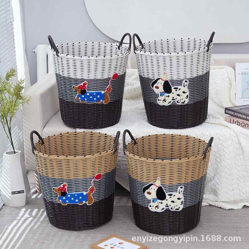 収納かご レディース ランドリーバスケット プラスチック製 大容量 編み込み 雑貨収納 おもちゃ箱 かわいい 犬柄 中型 ブラウン系