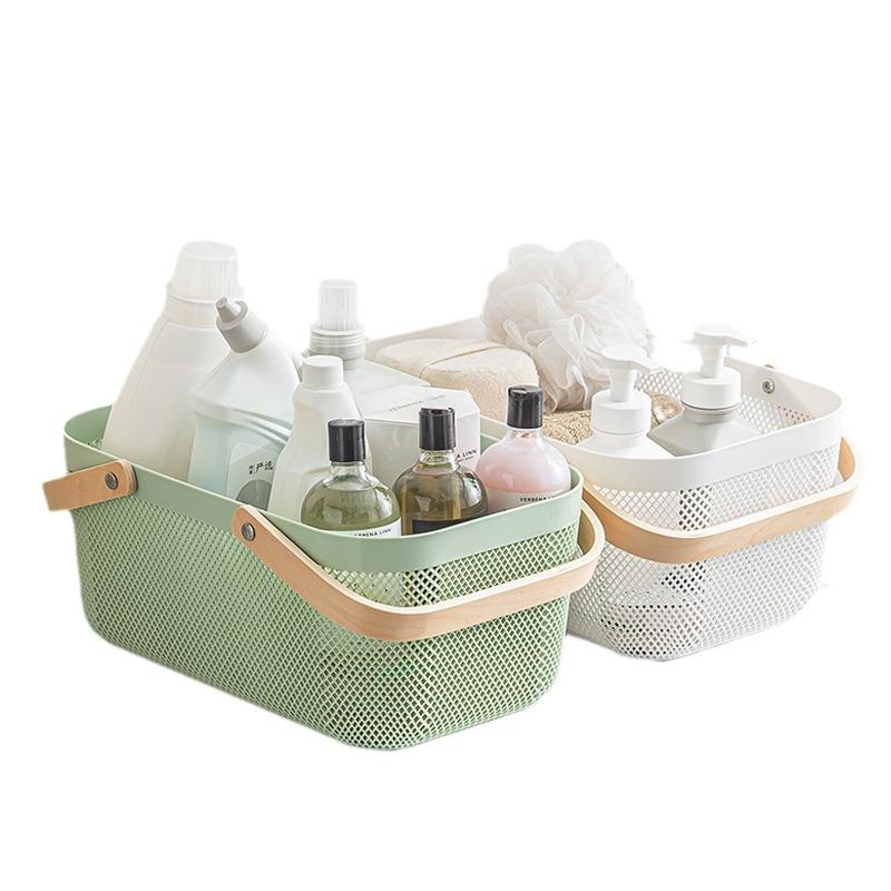 バスケット レディース 収納バスケット ランドリーバスケット 整理かご 脱衣かご メッシュ 木柄持ち手 プラスチック 大容量 ホワイト ピンク グリーン グレー ブルー(x24)
