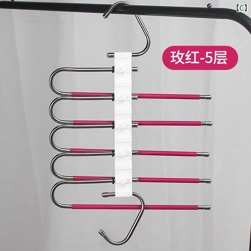 ハンガー ズボンハンガー ステンレス製 多機能 折りたたみ式 衣類収納 魔法の収納 クローゼット パンツクリップ 多層 ブラック グリーン ワインレッド パープル
