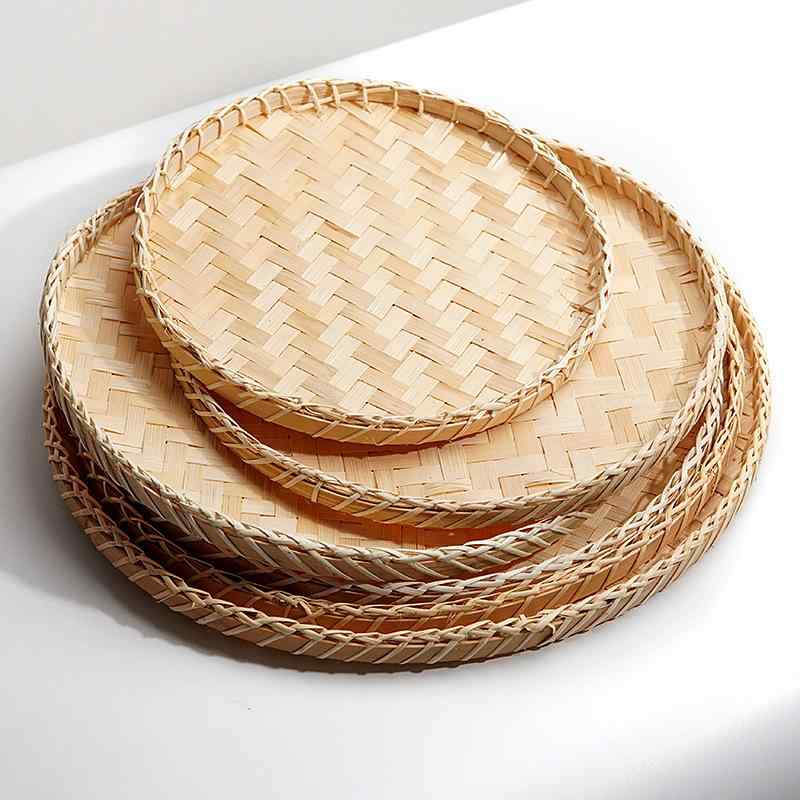 かご バスケット 竹編み 平底 ざる トレー 丸型 無孔 果物 野菜 水切り 乾物 食品 26cm 30cm 33cm 35cm..