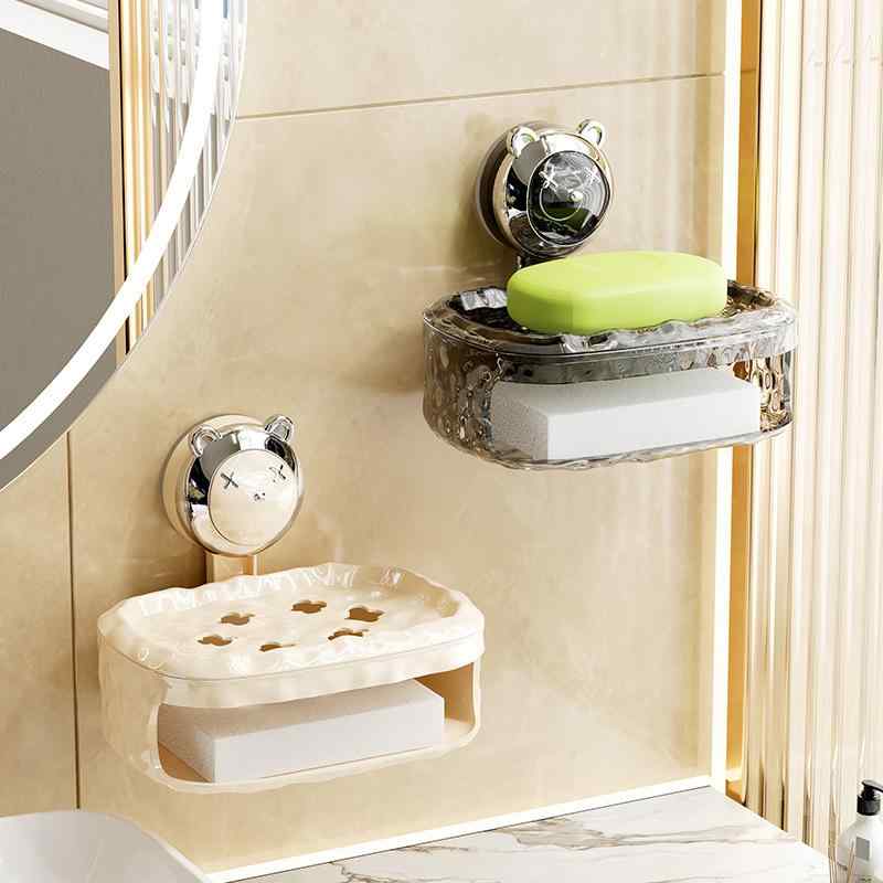 石鹸ケース 壁掛け式 穴あけ不要 バスルーム 石鹸置き 水切り スポンジ置き シンプル かわいい 小熊 PET素材 厚手 クリームホワイト 透明ブラック 心動ピンク