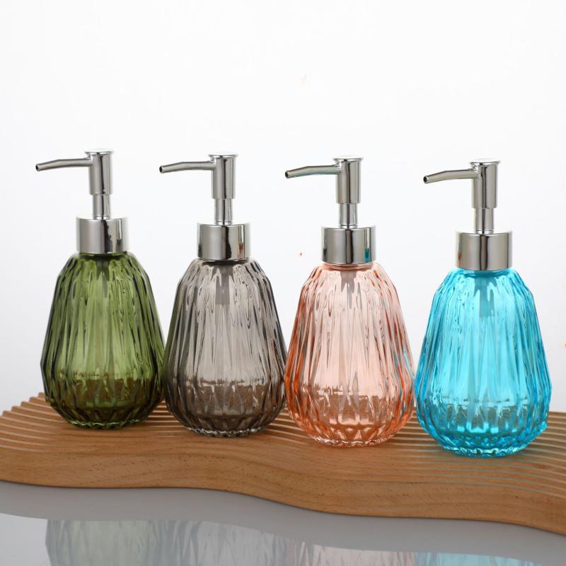 洗剤 詰め替えボトル ガラス製 液体石鹸 乳液 シャンプー ボトル 容器 ピンク グレー グリーン ブルー シルバー ゴールド 黒 ポンプヘッド(x2)