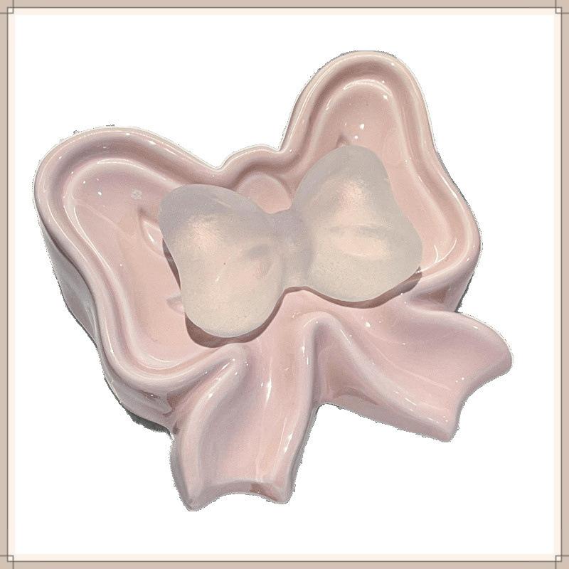 石鹸ケース レディース かわいい 陶器 蝶結び ピンク系 ホワイト シルバー 水切り 置き型 洗面所 バスルーム