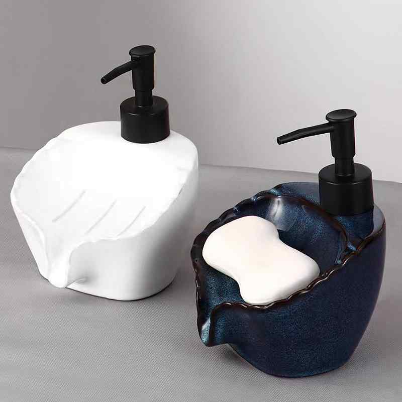 洗剤ボトル 家庭用 ホテル 浴室用 石鹸 トレイ 水切り 2way プッシュ式 乳液 詰め替えボトル セラミック 白 黒 窯変釉ブルー