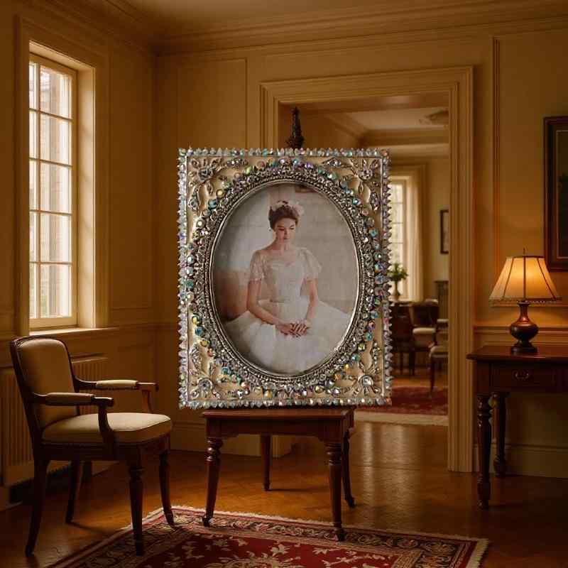 フォトフレーム 写真立て 額縁 シルバー 電気メッキ加工 金属 ラインストーン 長方形 リビング 寝室