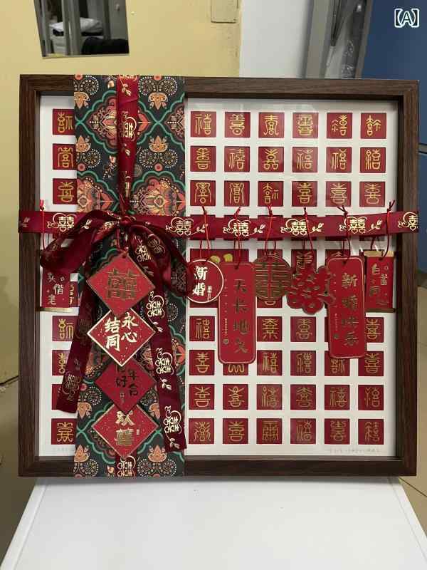 相框 DIY手書き 百喜図 結婚祝い 婚約祝い ギフト 正方形 46cm 胡桃色 原木色 全喜 姓氏 写真