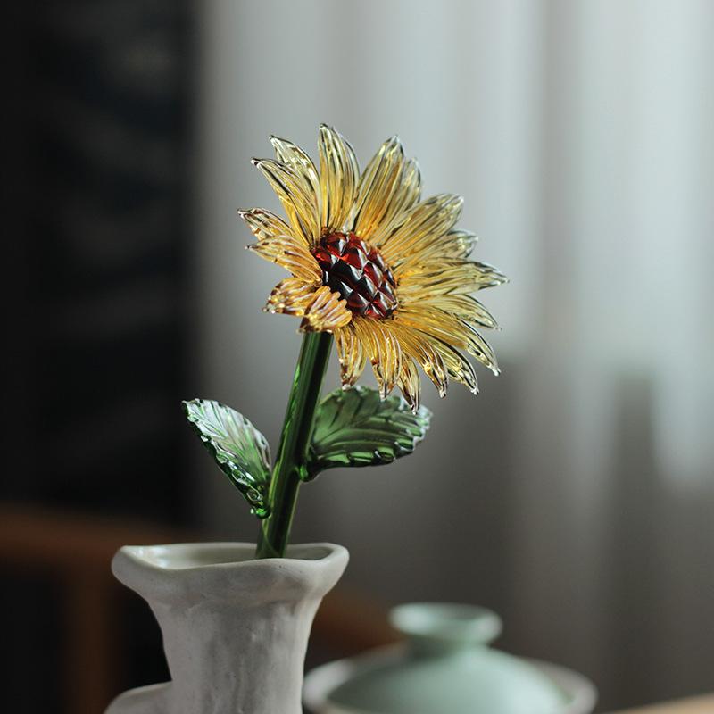 置物 琉璃 ヒマワリ バラ アヤメ 造花 ガラス 花瓶付き 卓上 ホームデコレーション ウェディング 写真撮影 豪華感