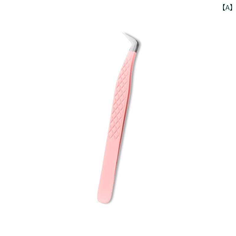 まつげピンセット 美容ツール ステンレス 繊維 精密 グリップ 網目 ローレット加工 ピンク