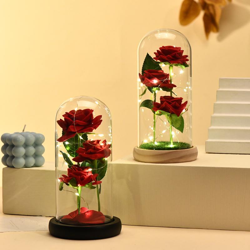 インテリア雑貨 薔薇 ローズ ガラスドーム オブジェ LEDライト 間接照明 母の日 ギフト 記念日(x2)