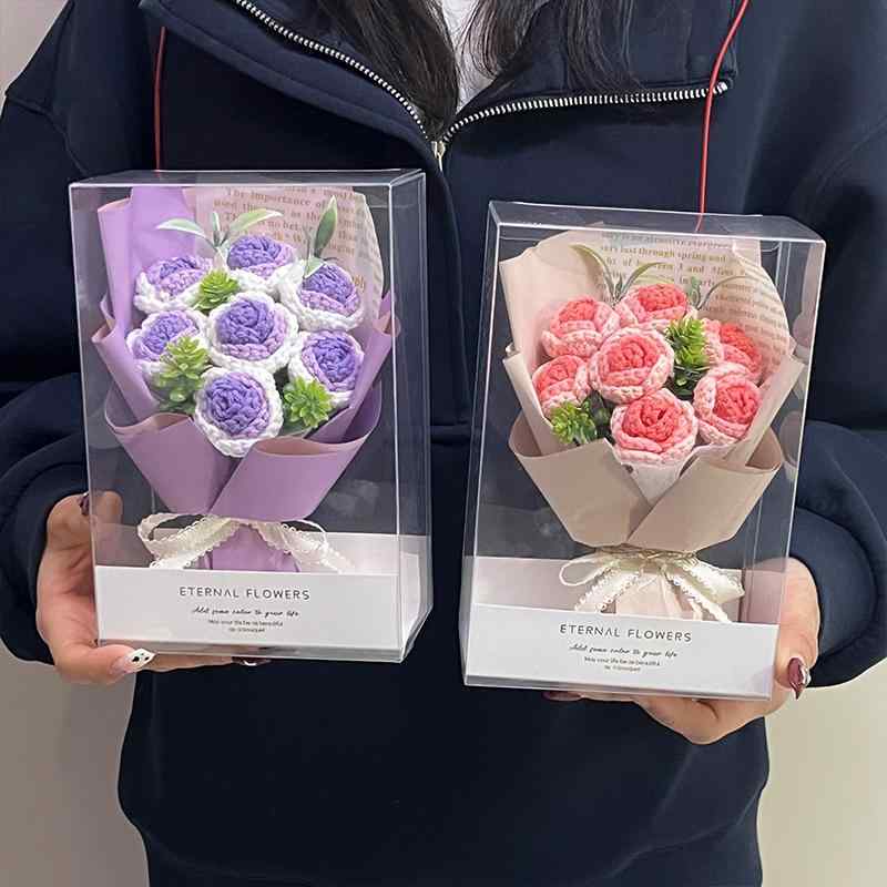 花束 レディース 毛糸 編み 薔薇 バラ 造花 インテリア 雑貨 飾り 母の日 バレンタインデー プレゼント(x2)