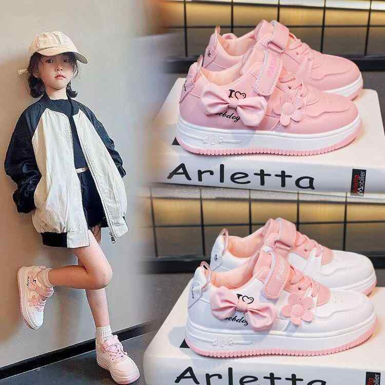 靴 キッズ スニーカー 子供靴 女の子 かわいい 花柄 春秋 白 ピンク 通学 普段使い 人工皮革