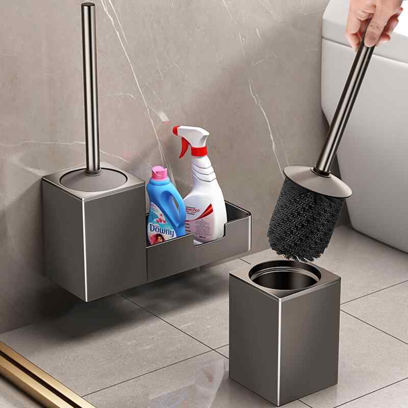 トイレブラシ 置物棚付き 壁掛け式 穴開け不要 スクエア型 掃除ブラシ ブラック ガンメタル