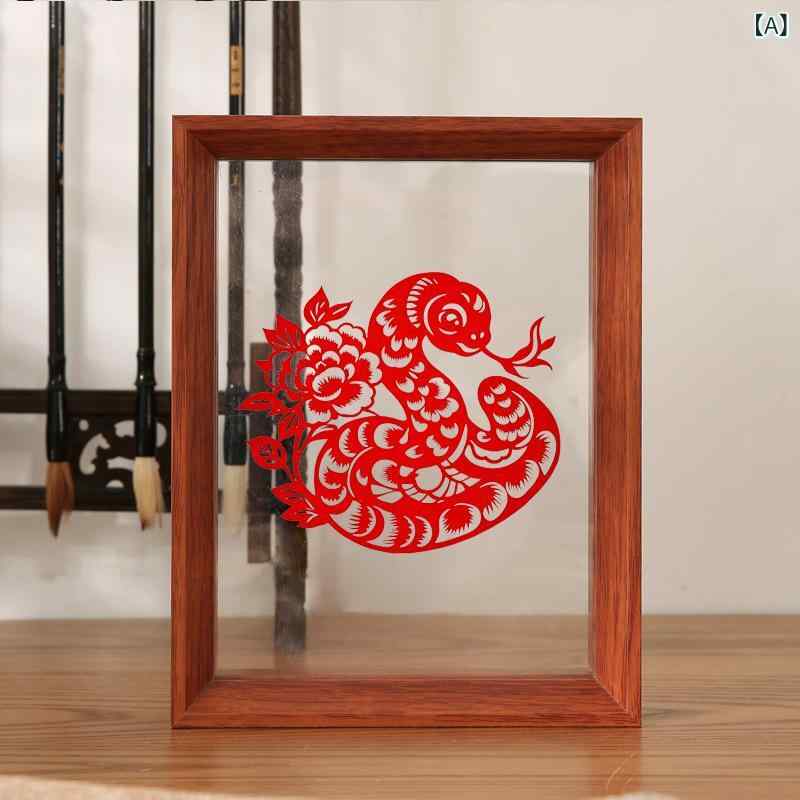 相框 写真立て 中式 伝統模様 透明 両面 剪紙 福字 喜字 MDF製 長方形 胡桃色 レッドオーク 原木色 ブラック ホワイト ゴールド 柚木色 6寸 7寸 8寸 10寸 12寸 16寸 A4 A3 4K 8K