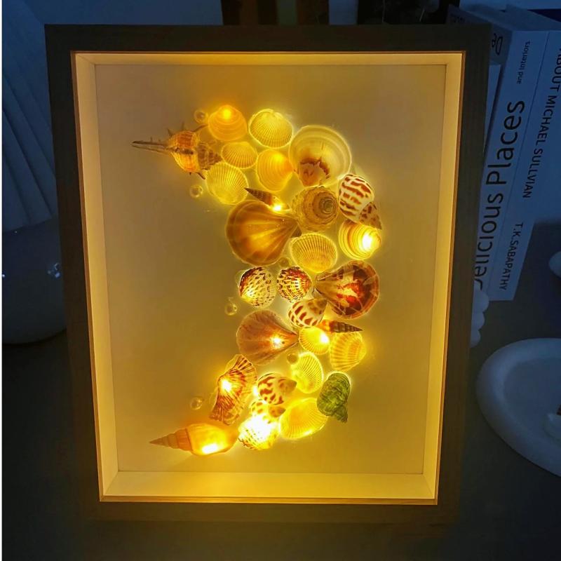 相框 レディース DIY プレゼント 夜間照明 海螺 貝殻 ライト付き 写真フレーム ハンドメイド カップル ギフト 長方形 インテリア雑貨