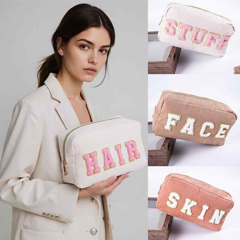 化粧ポーチ レディース コスメポーチ 巾着型 コーデュロイ タオル刺繍 ロゴ 小物入れ トラベルポーチ ファスナー開閉 旅行用 ピンク系