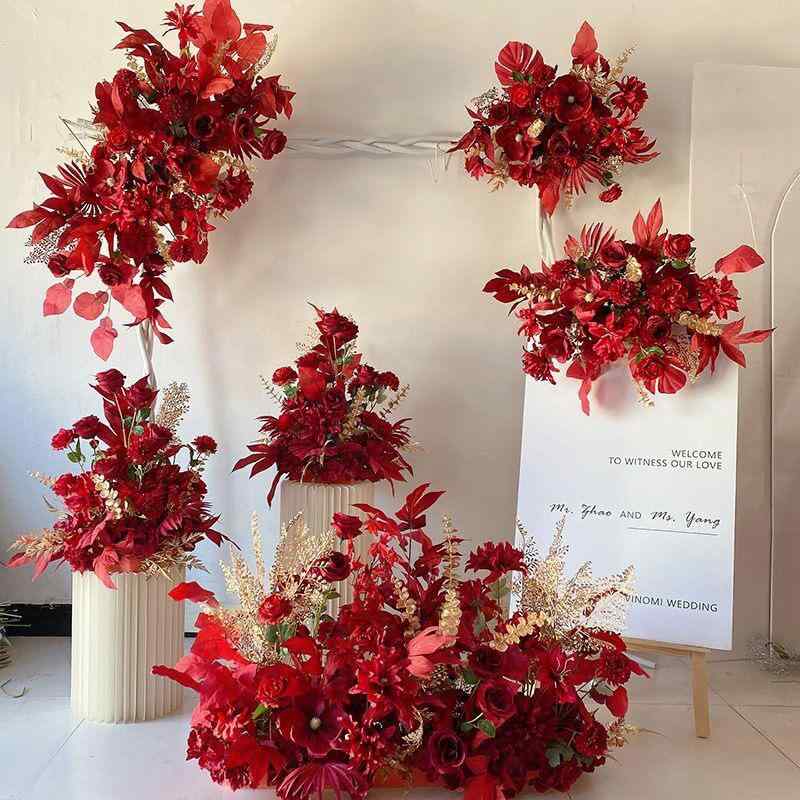 盆花 フラワー 造花 結婚式 ウェディング ブライダル 婚約 エンゲージメント パーティー イベント 会場装飾 レッド系 オレンジ系 ピンク系 バラ ユーカリ 虞美人 菊(x2)