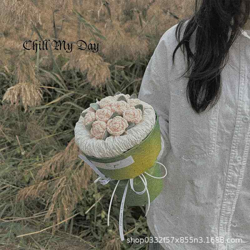 花束 レディース バラ 造花 ニット 手編み グラデーション 結婚式 ブライダル 撮影小物 インテリア ピンク系(x2)