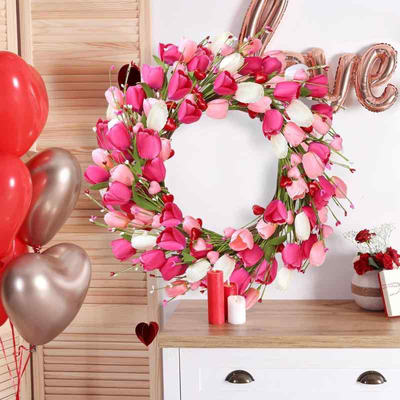 花輪 ピンク系チューリップ フラワー ドア装飾 玄関飾り ウェディング パーティー 写真撮影 ホームデコレーション(x2)