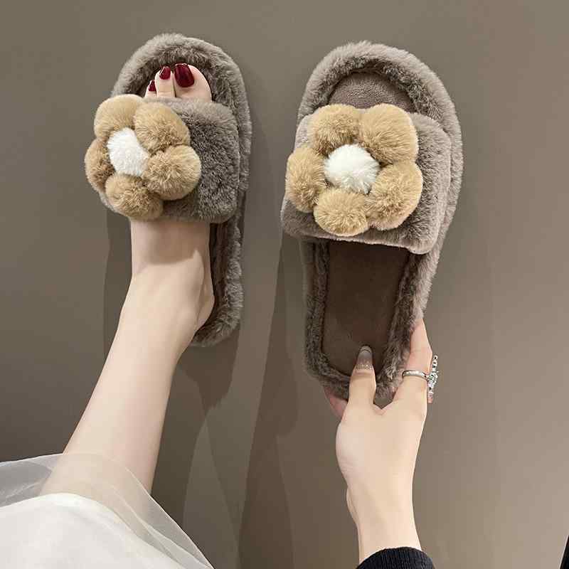 ルームシューズ レディース もこもこ フラット サンダル つま先開き スリッパ 花飾り付き 春夏 秋冬 室..