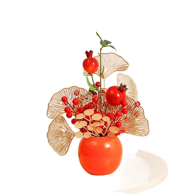 置物 縁起物 金運アップ 発財果 柘榴(ザクロ) 陶器花瓶付き オブジェ 卓上 玄関 リビング