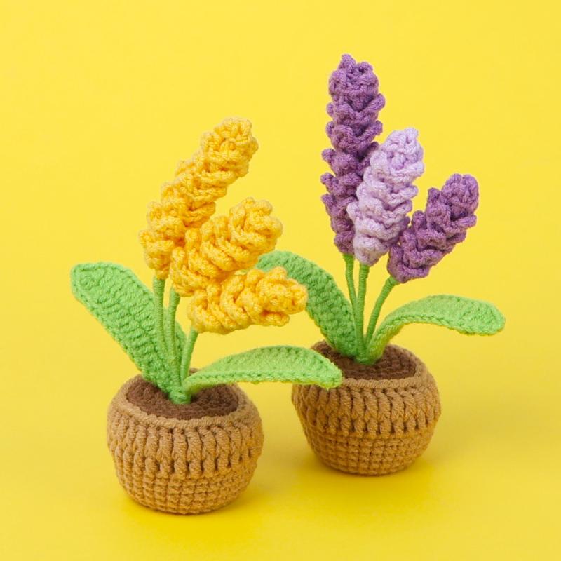 花瓶 鉢植え ラベンダー 大麦 麦 観葉植物 インテリア雑貨 ミニサイズ パープル系 イエロー系 毛糸 編み物 手作り ハンドメイド 母の日 教師の日 バレンタインデー ギフト(x5)