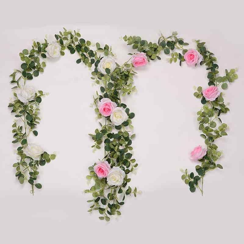 造花 195m 藤蔓 ローズ ユーカリ 金銭葉 デコレーション 垂れ下げ インテリア (金銭葉 6個 奶白/香檳粉..