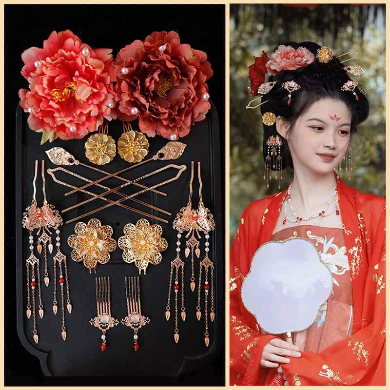 ヘアアクセサリー レディース 花飾り 髪飾りセット 簪 かんざし コーム 髪留め 花 レトロ 宮廷風 合金 風 絹 春夏