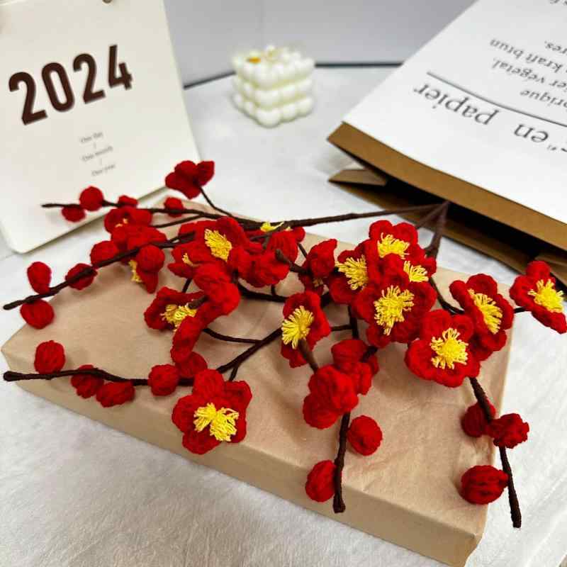 花瓶 梅花 手編み ニット 花 かぎ針編み 毛糸 花 枯れにくい花 挿し花 アレンジメント 造花 ピンク レッド(x2)