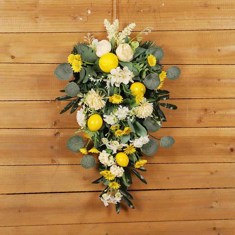 壁掛け オリーブ 葉 レモン 倒立 インテリア 飾り アートフラワー フェイクグリーン ウォールデコレーション(x2)