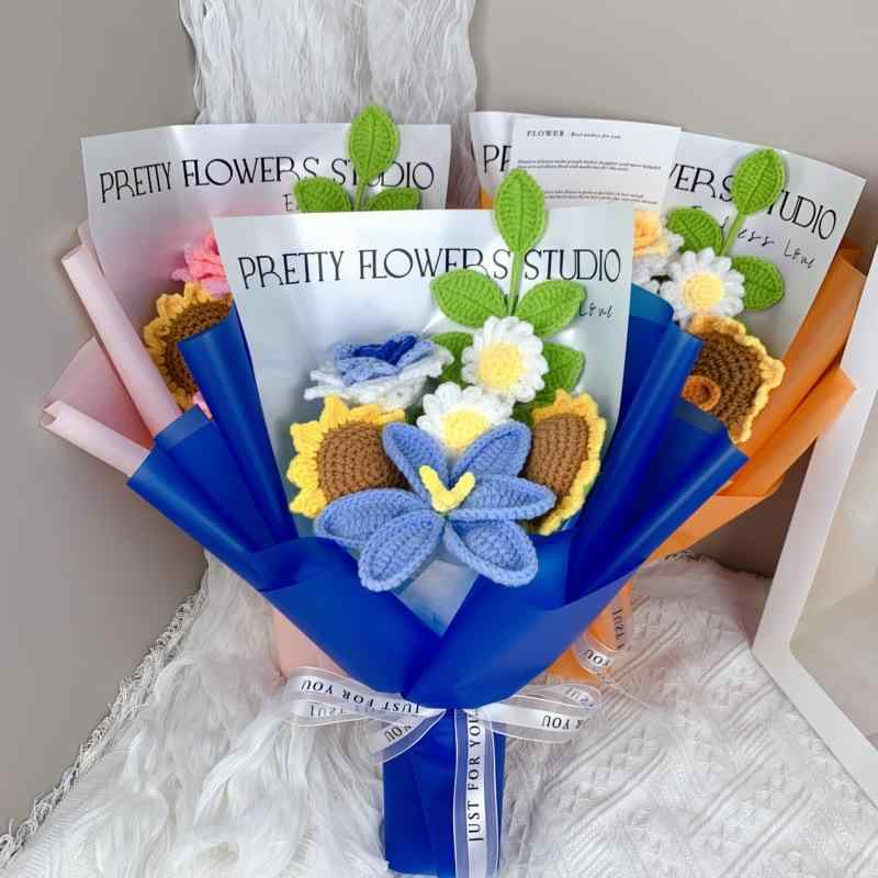 花束 ブーケ 毛糸 編み込み 造花 絹花 ピンク系 ブルー パープル オレンジ イエロー 手提げ袋付き 結婚式 ブライダル 母の日 贈り物 ギフト