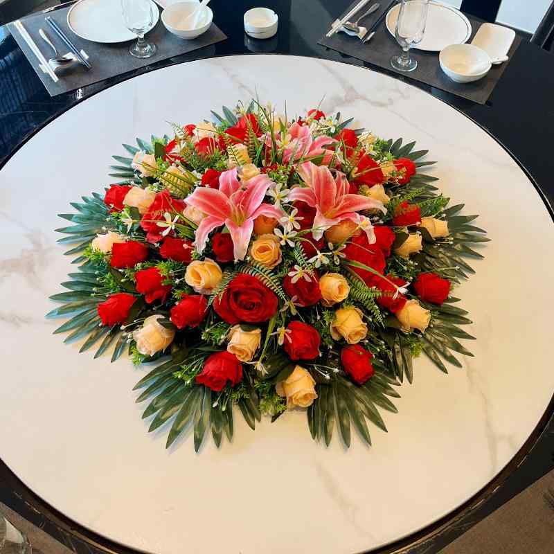 テーブル装飾 花 絹花 円卓花 摆台花 ホテル centerpieces シャンパン レッド ローズ ピンク ユリ デージー