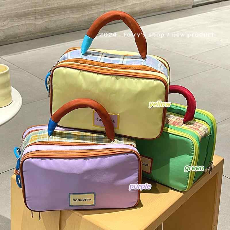 化粧ポーチ レディース メンズ 大容量 格子柄 旅行 洗面 化粧品 収納 鞄 防水 普段使い カジュアル グリーン イエロー パープル