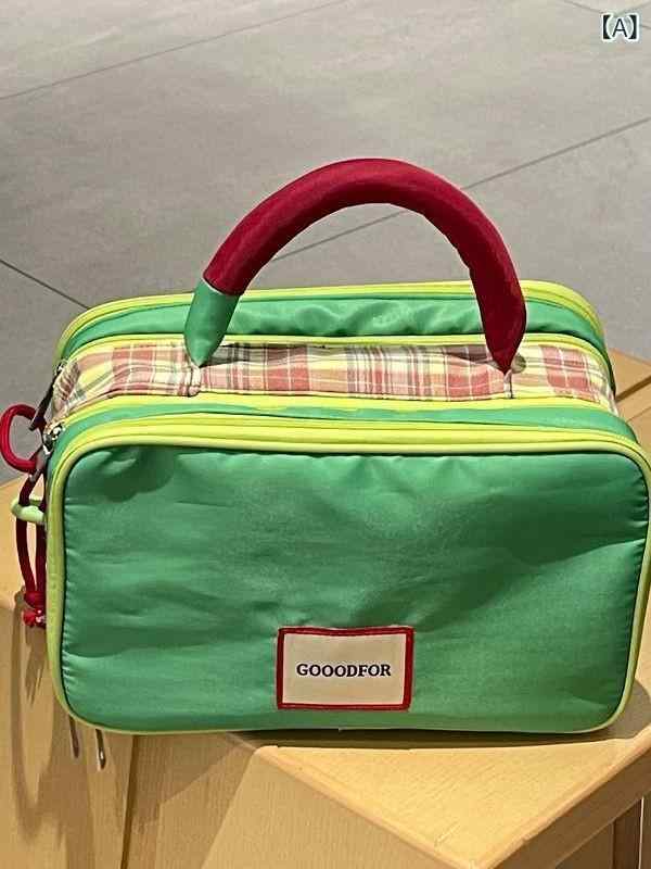 リモコンタウンエコ 楽天市場店の化粧ポーチ レディース メンズ 大容量 格子柄 旅行 洗面 化粧品 収納 鞄 防水 普段使い カジュアル グリーン イエロー パープル｜アングル2