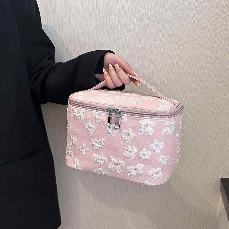 化粧ポーチ レディース 巾着型 ナイロン 花柄 大容量 洗面用具 化粧品 収納 バッグ かわいい おしゃれ 旅行用 普段使い ブラック ピンク系