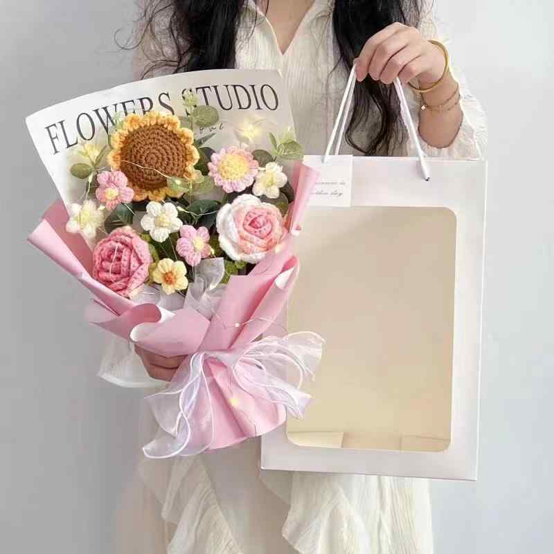 花束 レディース 麦わら編み チューリップ バラ ヒマワリ 混紡 造花 枯れにくい花 ギフト プレゼント ..