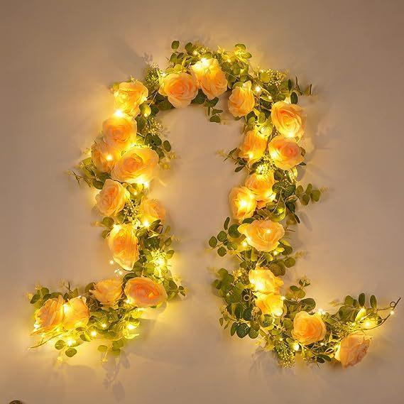 花輪 レディース ユーカリ バラ 造花 18m LED ストリングライト 結婚式 クリスマス ハロウィン パーティー イベント デコレーション シャンパン ホワイト レッド(x3)