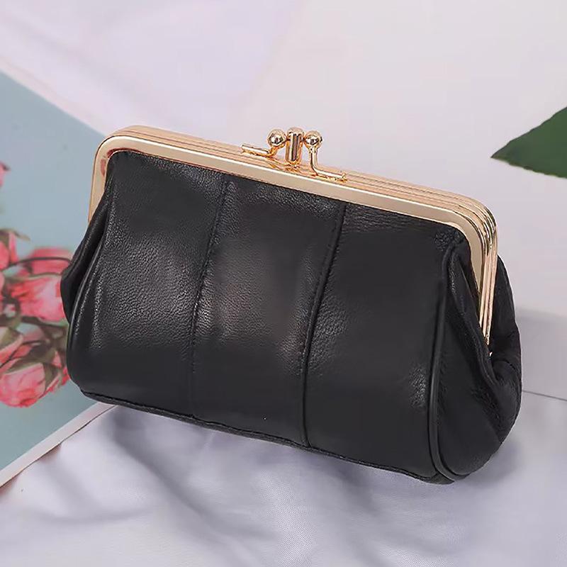 財布 男女兼用 革 羊革 レトロ メタルフレーム 小銭入れ ミニ財布 ウォレット 黒(x5)