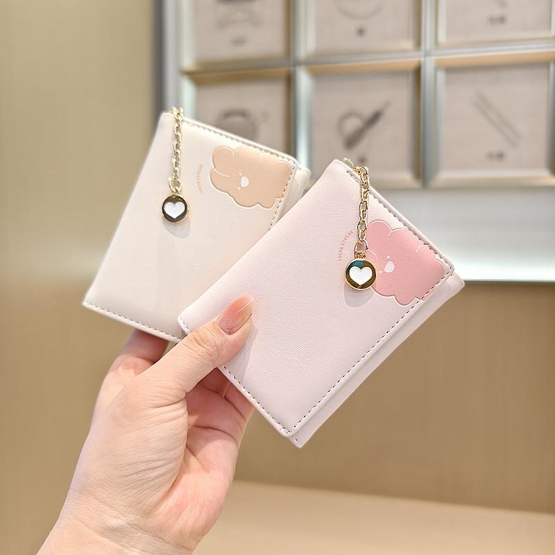 財布 レディース ミニ財布 二つ折り財布 カートゥーン かわいい ウサギ プリント ハート チャーム付き ブラック ピンク グリーン ブルー アイボリー(x3)