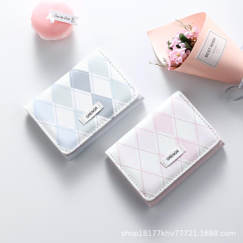 財布 レディース 海塩ブルー チェック柄 カードケース コインケース 一体型 多機能 学生 ミニ財布 淡色..